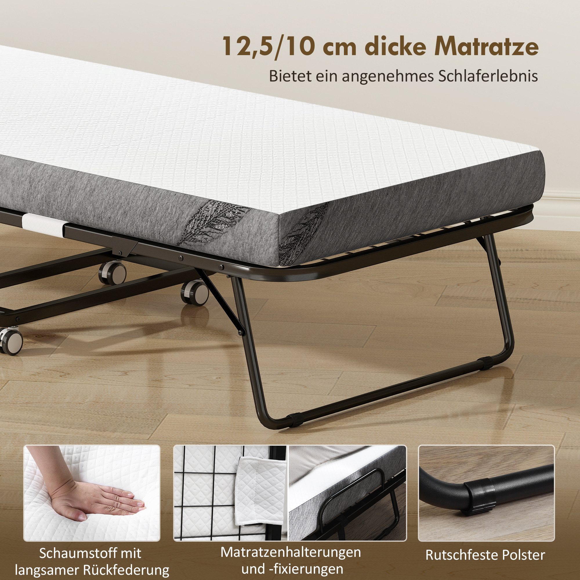 HOMCOM Gästebett Klappbett 90x200 cm mit 10cm Dicker Schaumstoff Einzelbett (Stahl+Schaumstoff, 1-St., Weiß+Schwarz) 200 x 80 x 42,5 cm – Bild 5 von 5