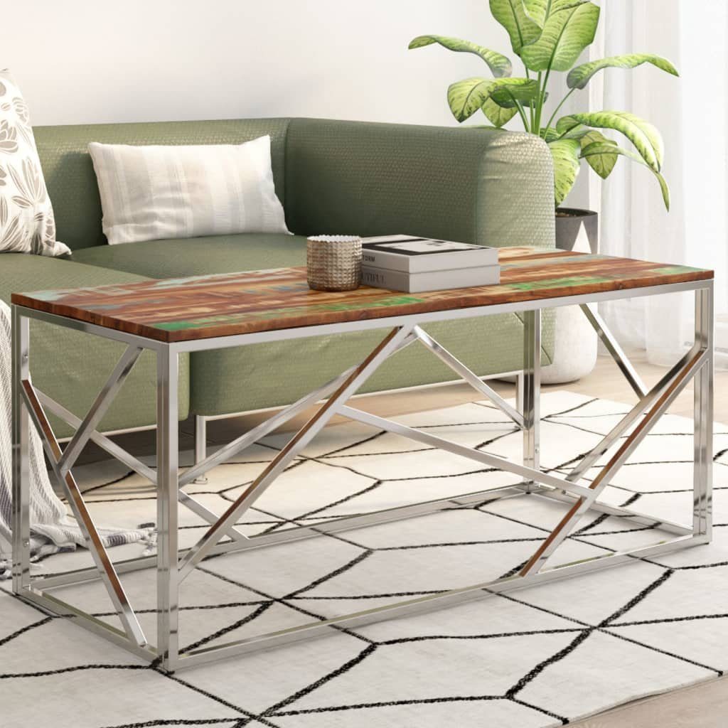 vidaXL Couchtisch Couchtisch Silbern Edelstahl und Altholz Massivholz (1-St)