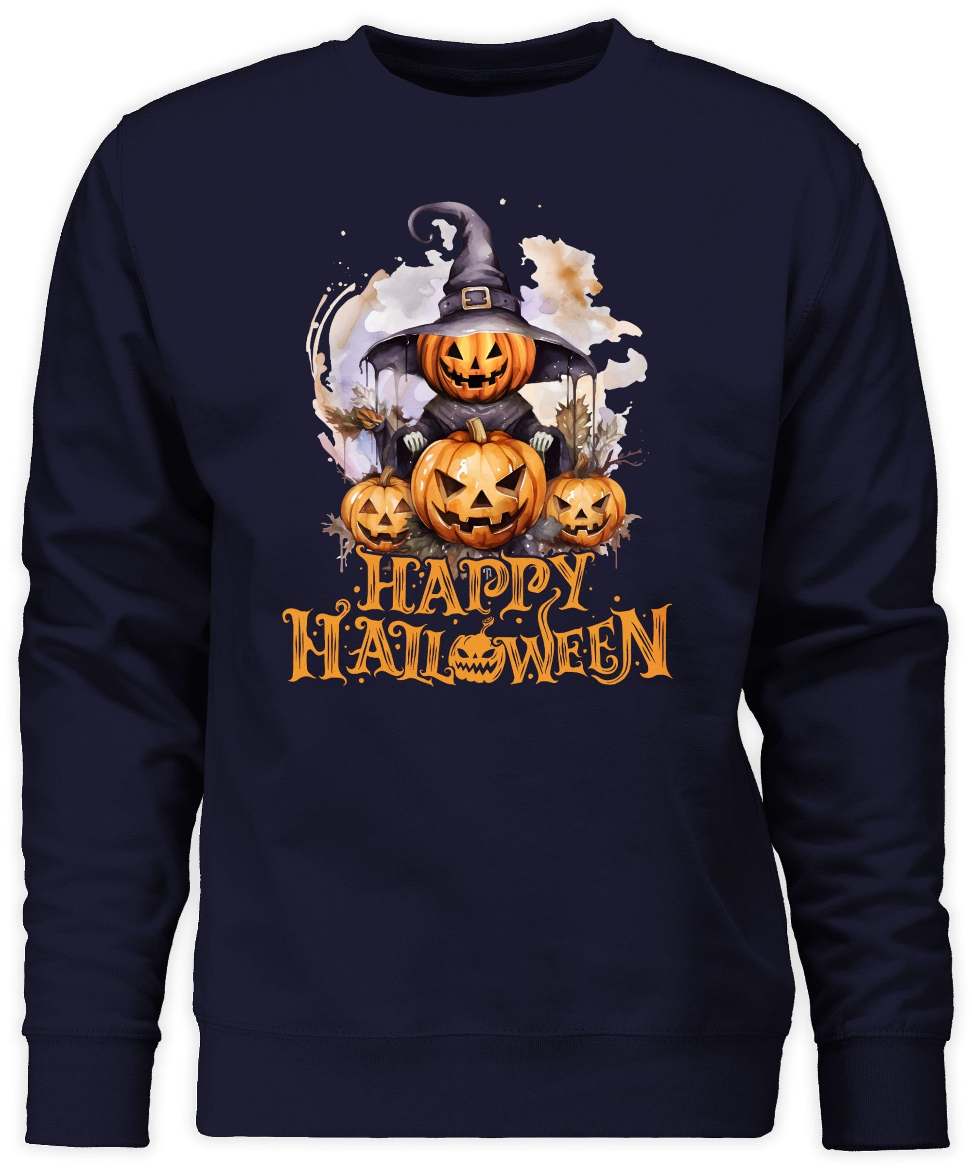 Sweatshirt Kürbis Happy Dunkelblau Kostüme Shirtracer 3 Gruselig Hexe Kürbiskopf Damen Halloween Halloween (1-tlg)