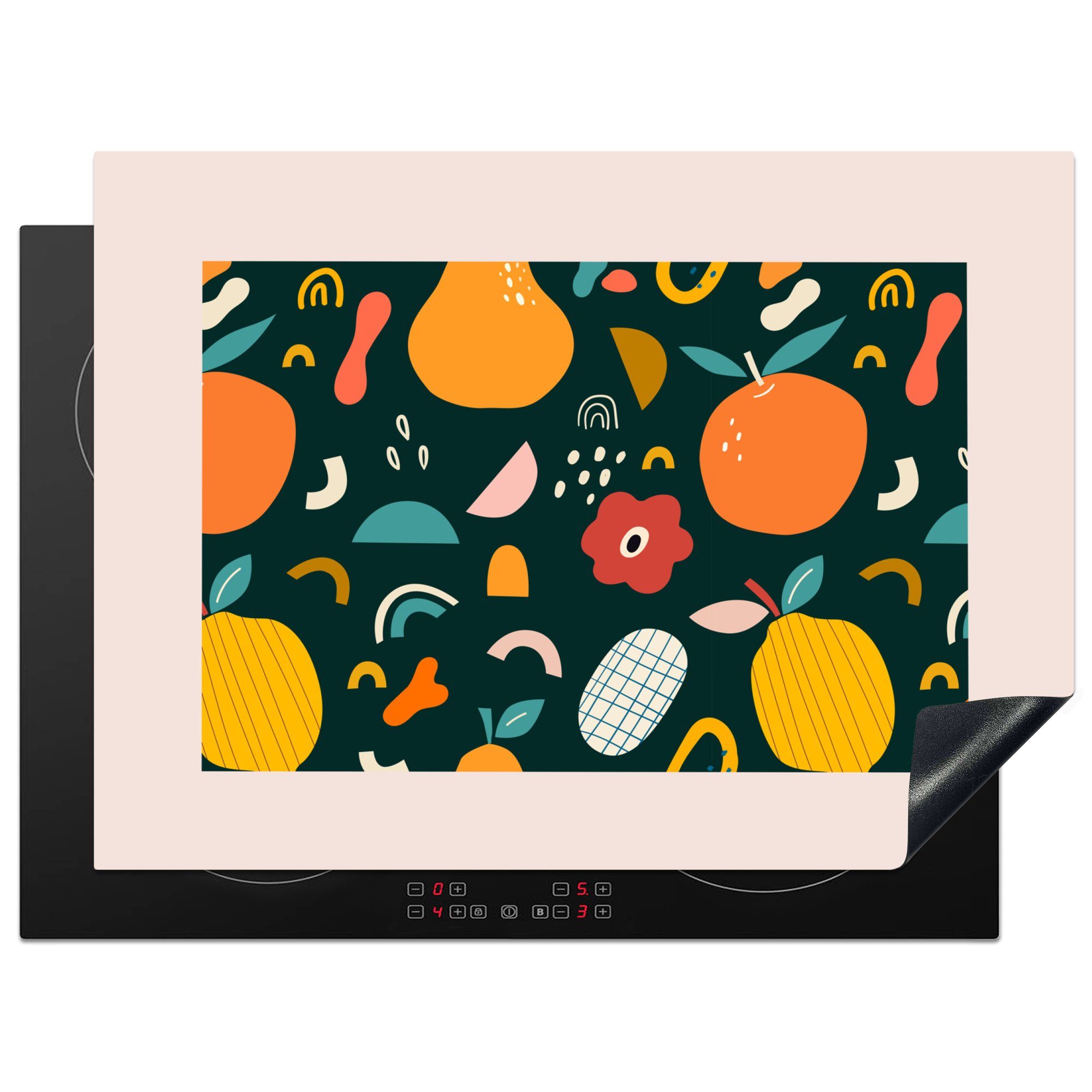 MuchoWow Herdblende-/Abdeckplatte Obst - Schleife - Abstrakt - Pastell - Birne, Vinyl, (1 tlg), 71x52 cm, Induktionskochfeld Schutz für die küche, Ceranfeldabdeckung
