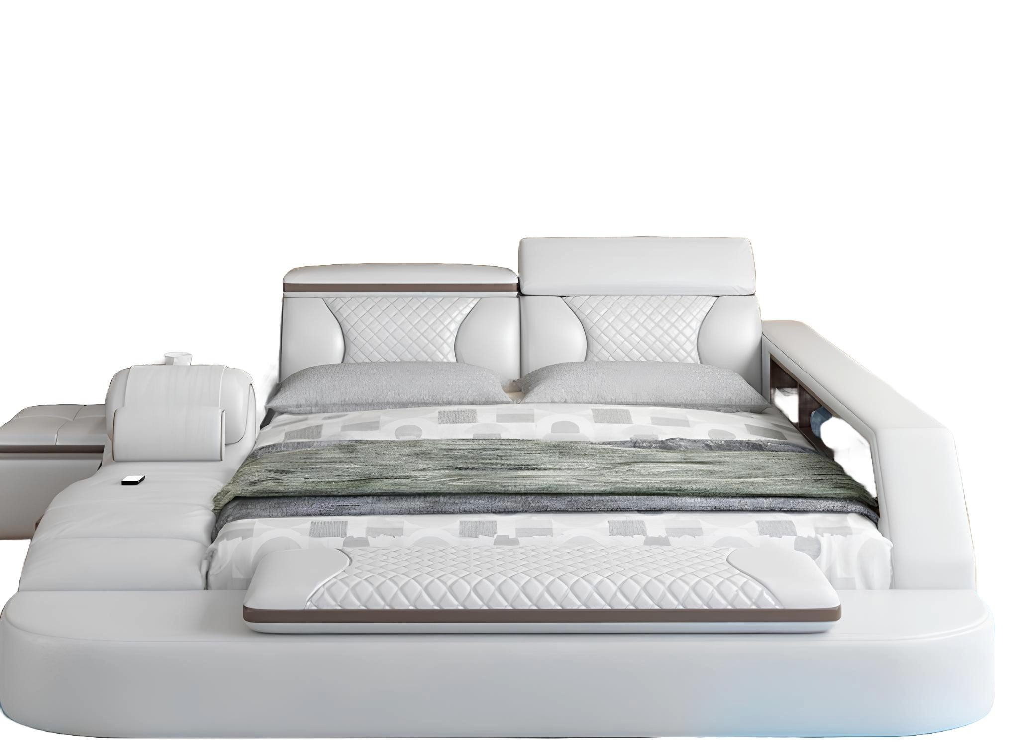 JVmoebel Multimediabett Bett Leder Betten 180x200 Multifunktion Schlafzimmer Liege Regale Weiß (1-tlg), Made in Europa