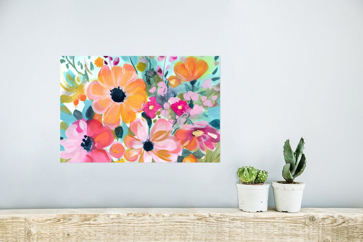 MuchoWow Poster Blumen - Malerei (1 Wandposter Botanisch, Wohnzimmer, - Ohne - Wandbild, für St), Natur Poster, Rahmen