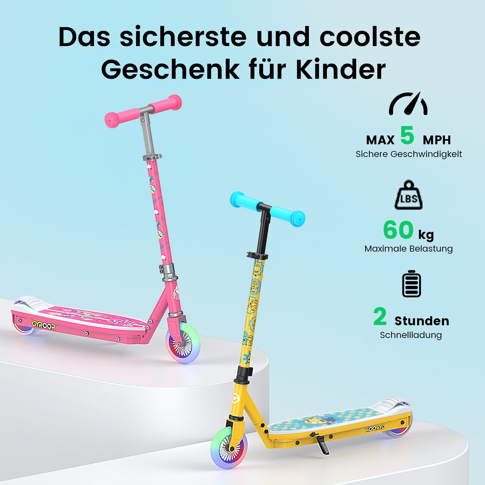 Gyroor E-Scooter 3-8 Jahre – LED-Lichter, Schnellladung, Start per Fußsensor, (1 tlg), Elektro-Kinderroller, Verstellbarer Lenker (75-85cm)