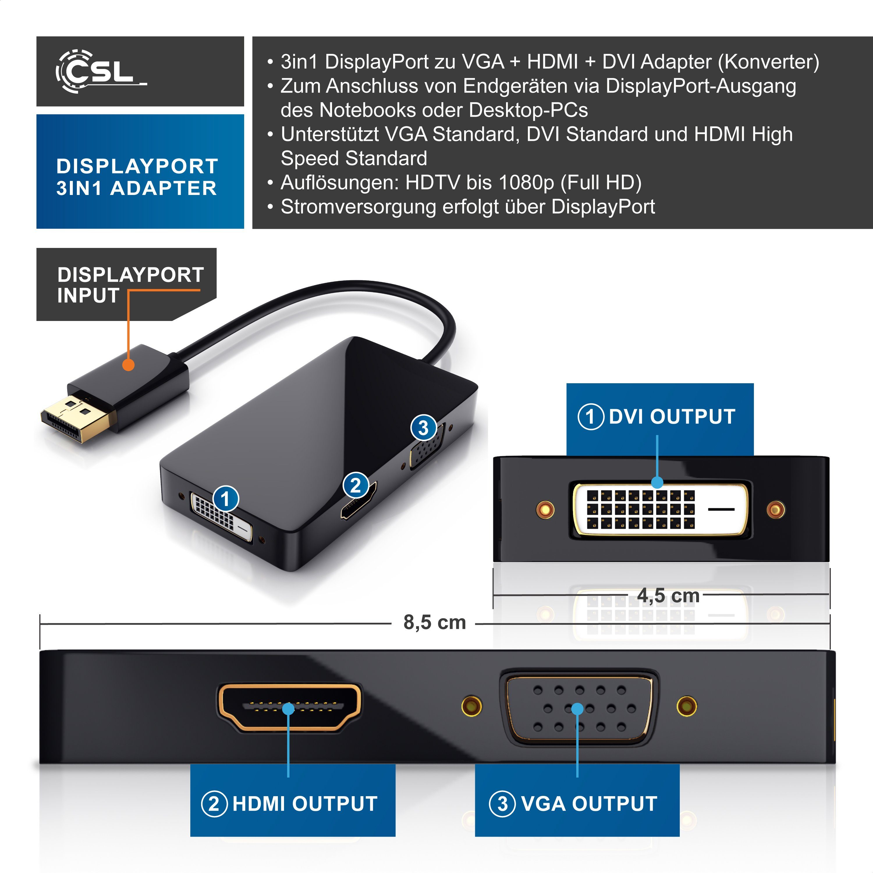CSL Audio- & Video-Adapter HDMI, DVI, VGA zu DisplayPort, 15 cm, 3in1, Konverter-Kabel, Full HD 1080p