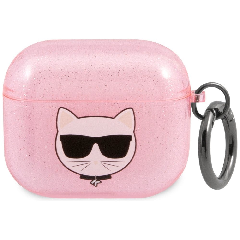 KARL LAGERFELD Kopfhörer-Schutzhülle Ohrhörerhülle Glitzerhülle Ladeschalenschutz, Glitzer-Design, Choupette-Motiv, Karabinerring