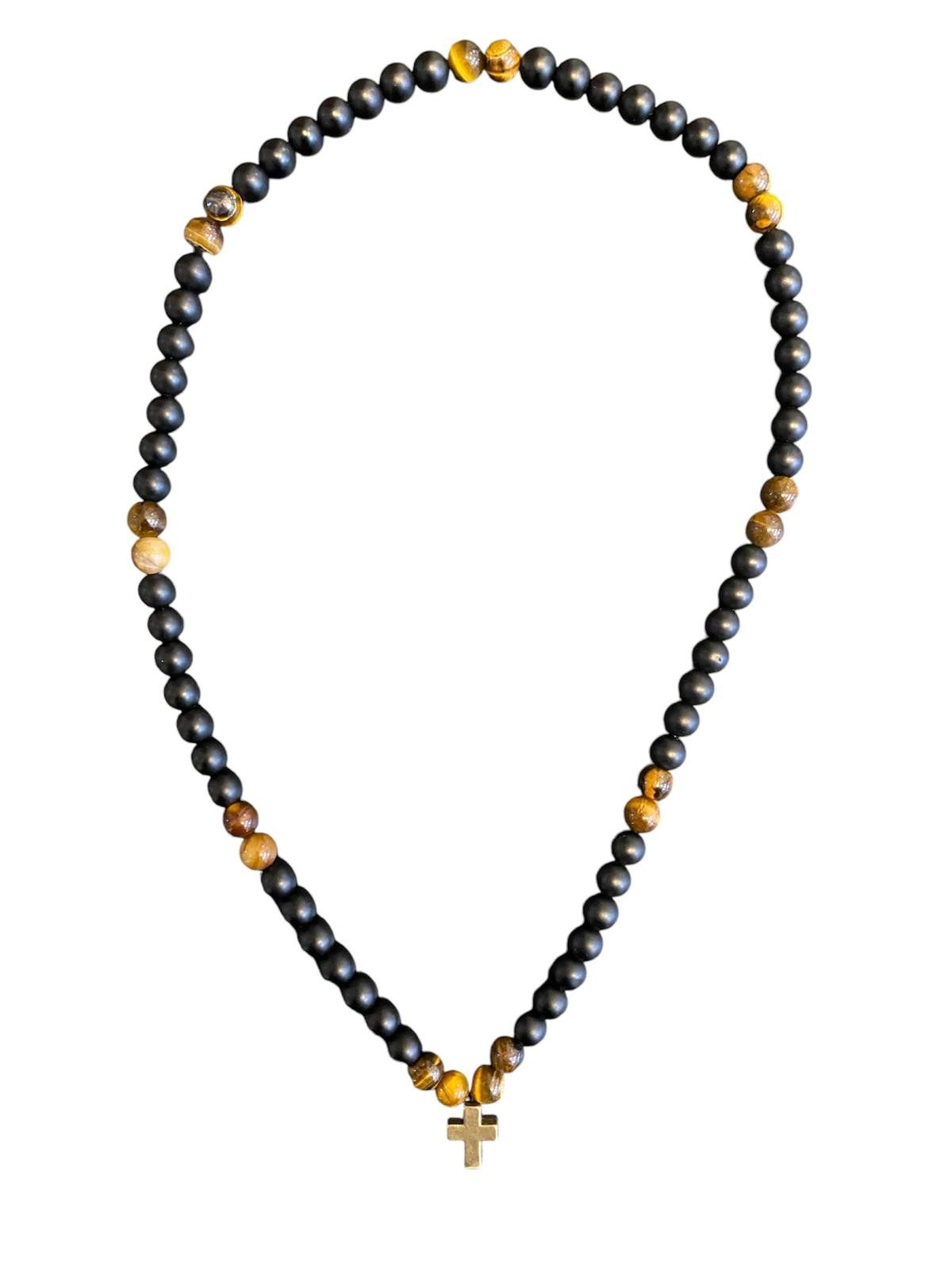 Perlenkette Tigerauge Obsidian Kreuz Kette aus Edelstein Hand Made