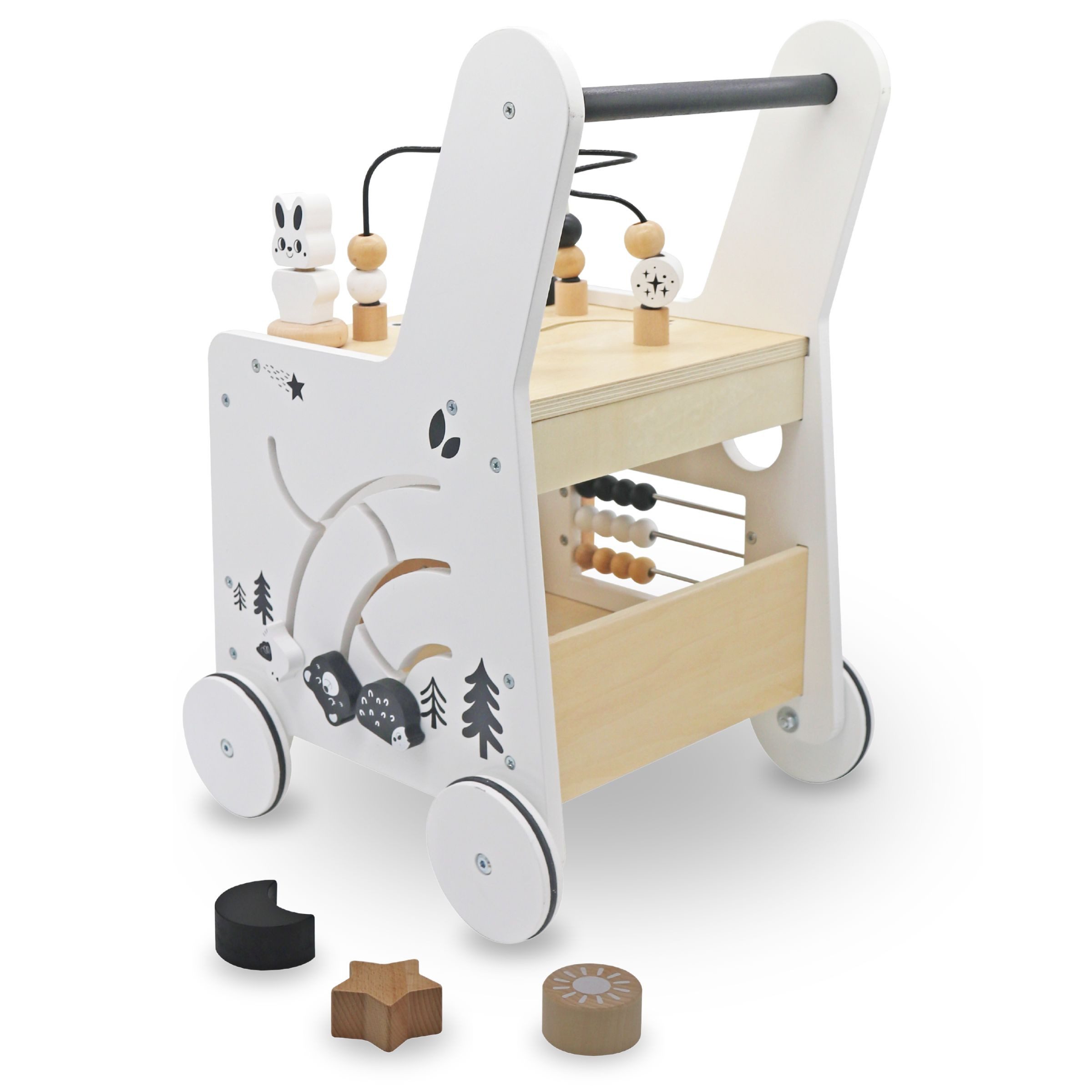 Mamabrum Lauflernwagen multifunktionaler Holz-Lauflernwagen mit Aktivitätsspielzeug - 6 in 1