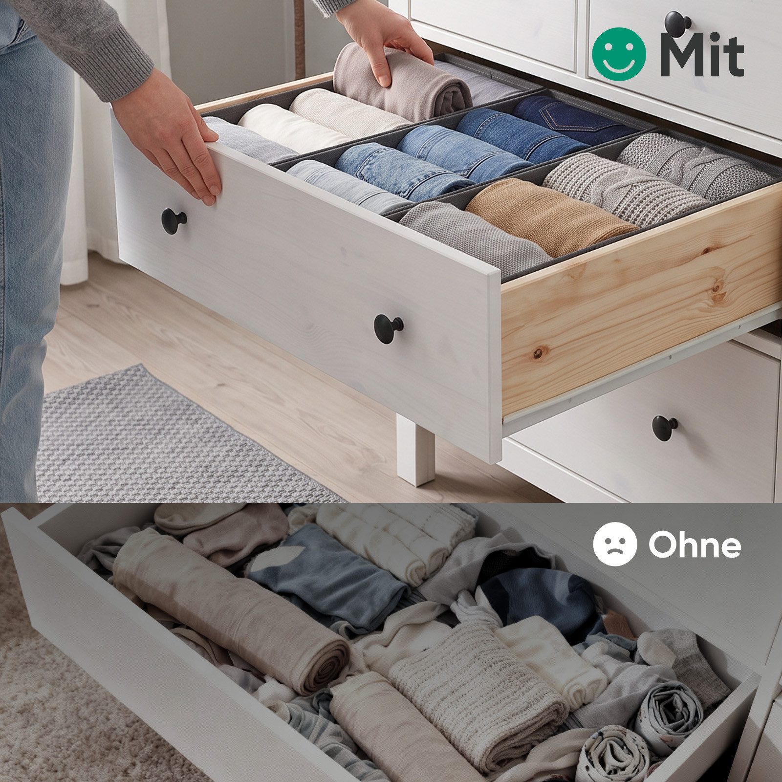 Sekey Aufbewahrungsbox Schubladen Organizer aus Vliesstoff – faltbare Aufbewahrungsboxen, 3er-Set, 20,5×41×11 cm für HEMNES 160, ohne Fächer für Kleidung – Bild 4 von 5