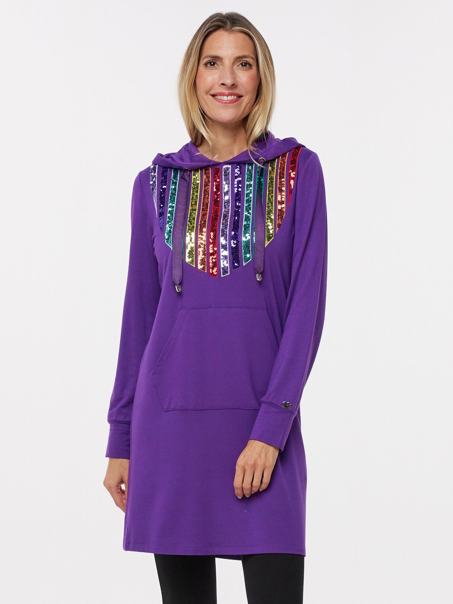 MONACO blue WEEKEND Sweatkleid Longshirt figurumspielend mit Kapuze und Paillettenverzierung