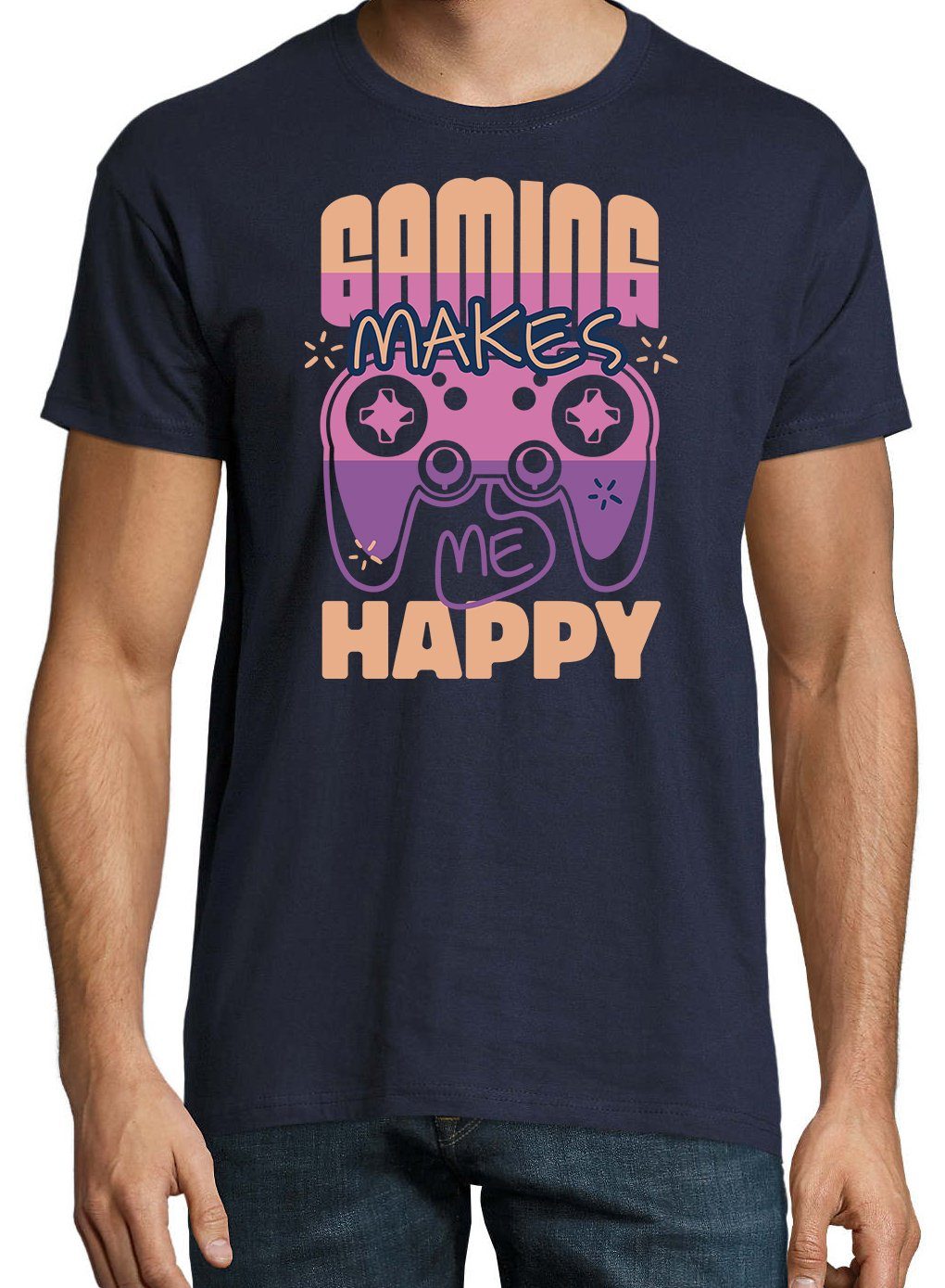 Herren T-Shirt Me Navyblau Gaming Frontprint Makes Youth Designz Happy Shirt mit lustigem
