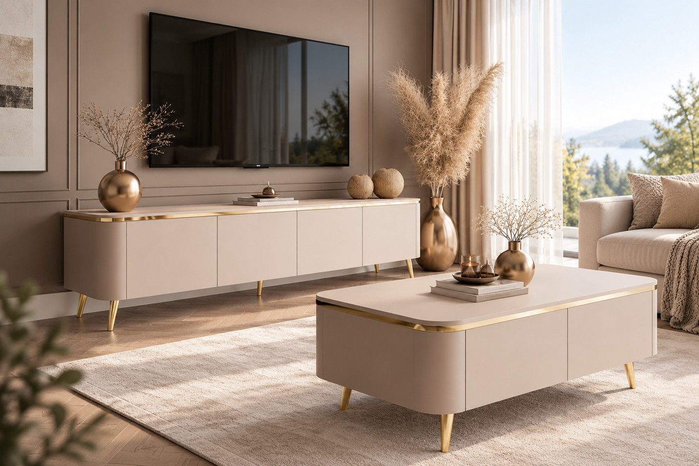 ALLHOUSE24 Wohnzimmer-Set LINE - TV-Schrank, Couchtisch, Kaschmir matt / Gold Metallfüßen, (2-St., Das Set besteht aus: TV Schrank, Couchtisch), Breite: TV Schrank 200 cm, Couchtisch: 90 cm
