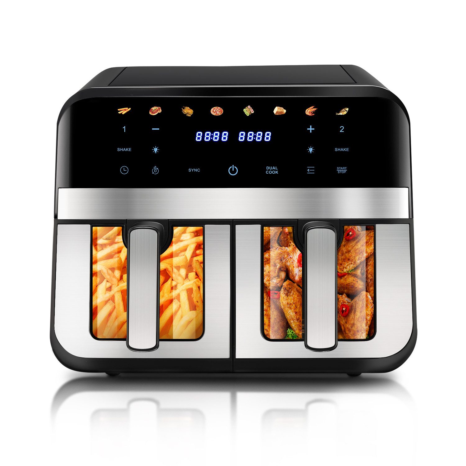 Heißluftfritteuse 9L Heißluftfritteuse Dual Basket mit Sichtfenster, zwei Körbe Airfryer