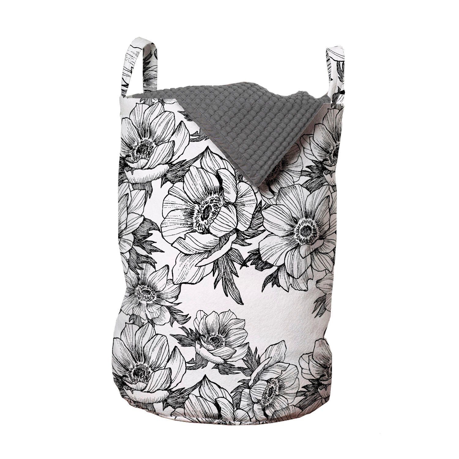 Abakuhaus Wäschesäckchen Wäschekorb mit Griffen Kordelzugverschluss für Waschsalons, Blumen Hand gezeichnete Blüten-Skizze