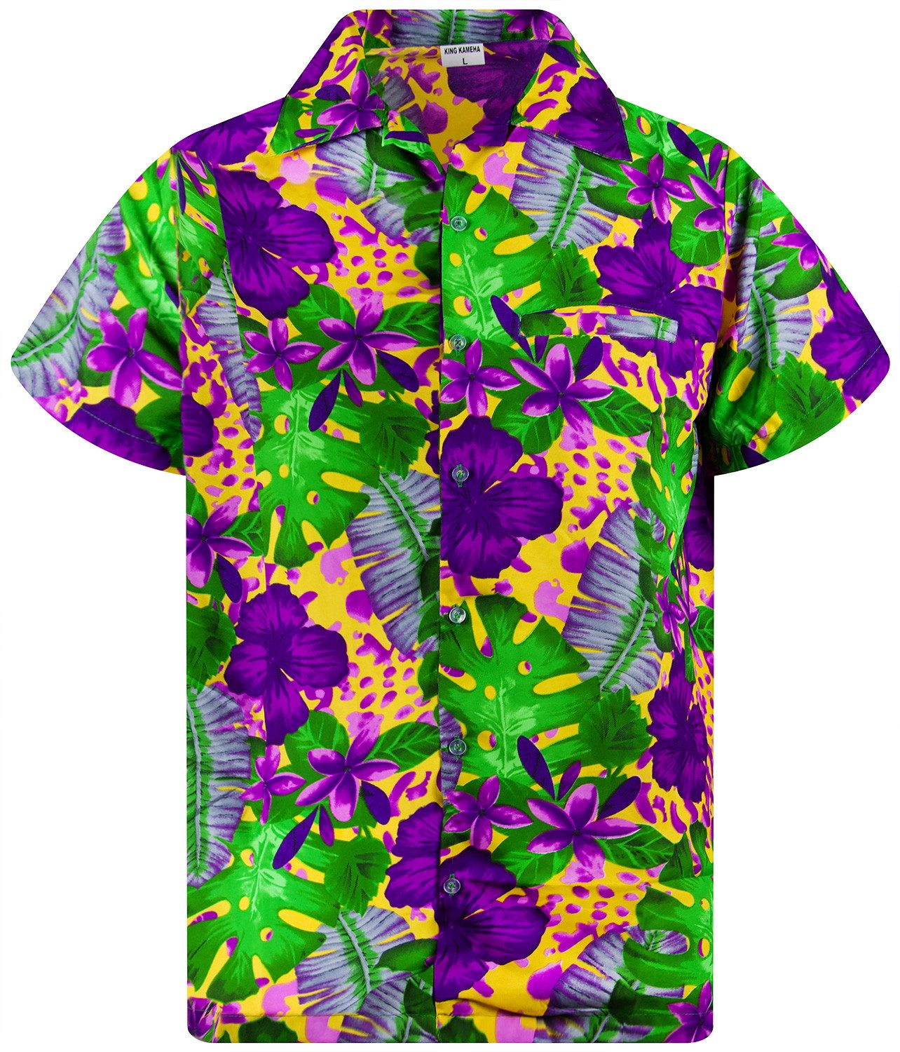 King Kameha Hawaiihemd Grün Lila Blume Funky Hawaii-Hemd Kurzarm Front-Tasche Stylish Unisex