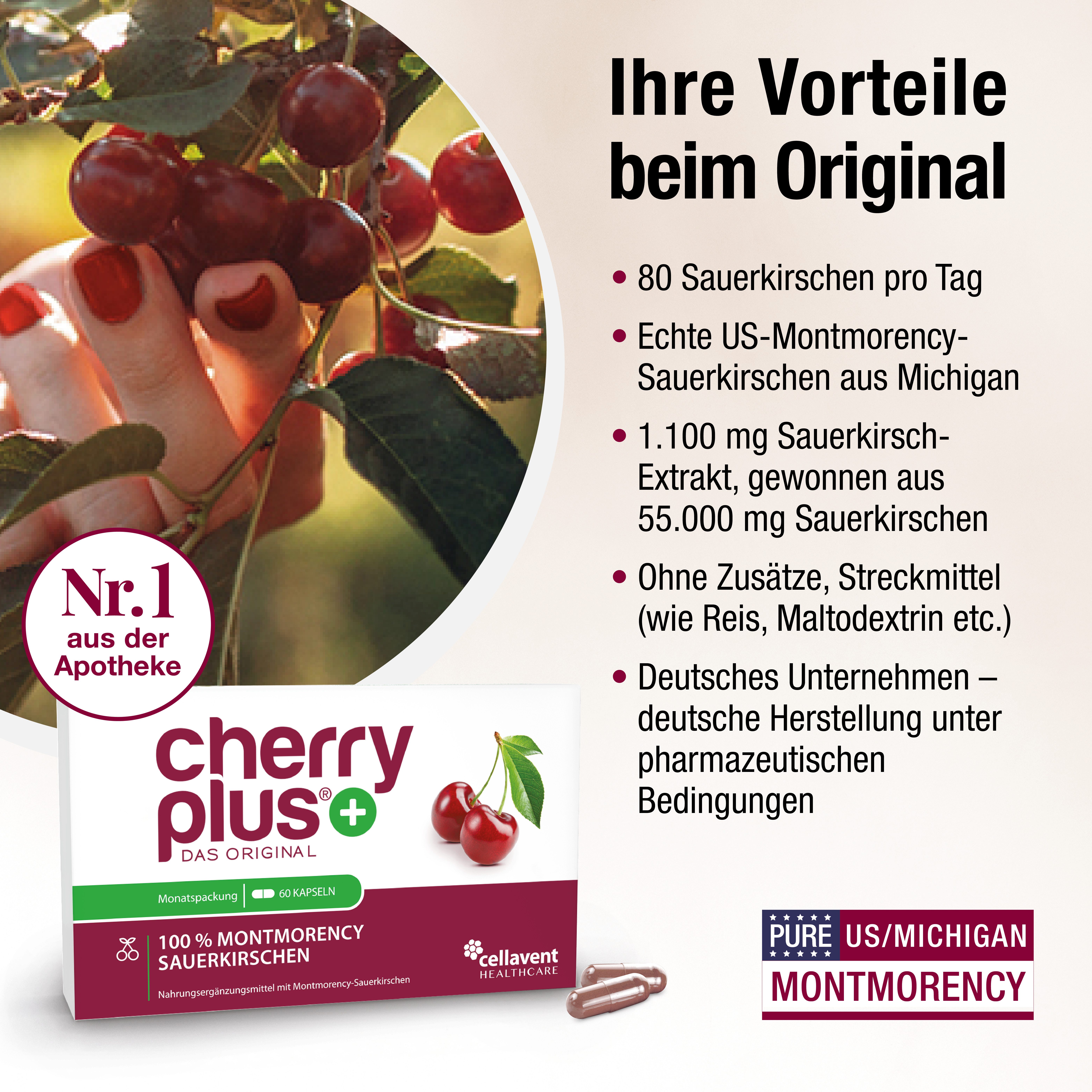 Cellavent Healthcare Montmorency Sauerkirsche Kapseln - Cherry PLUS Kapseln