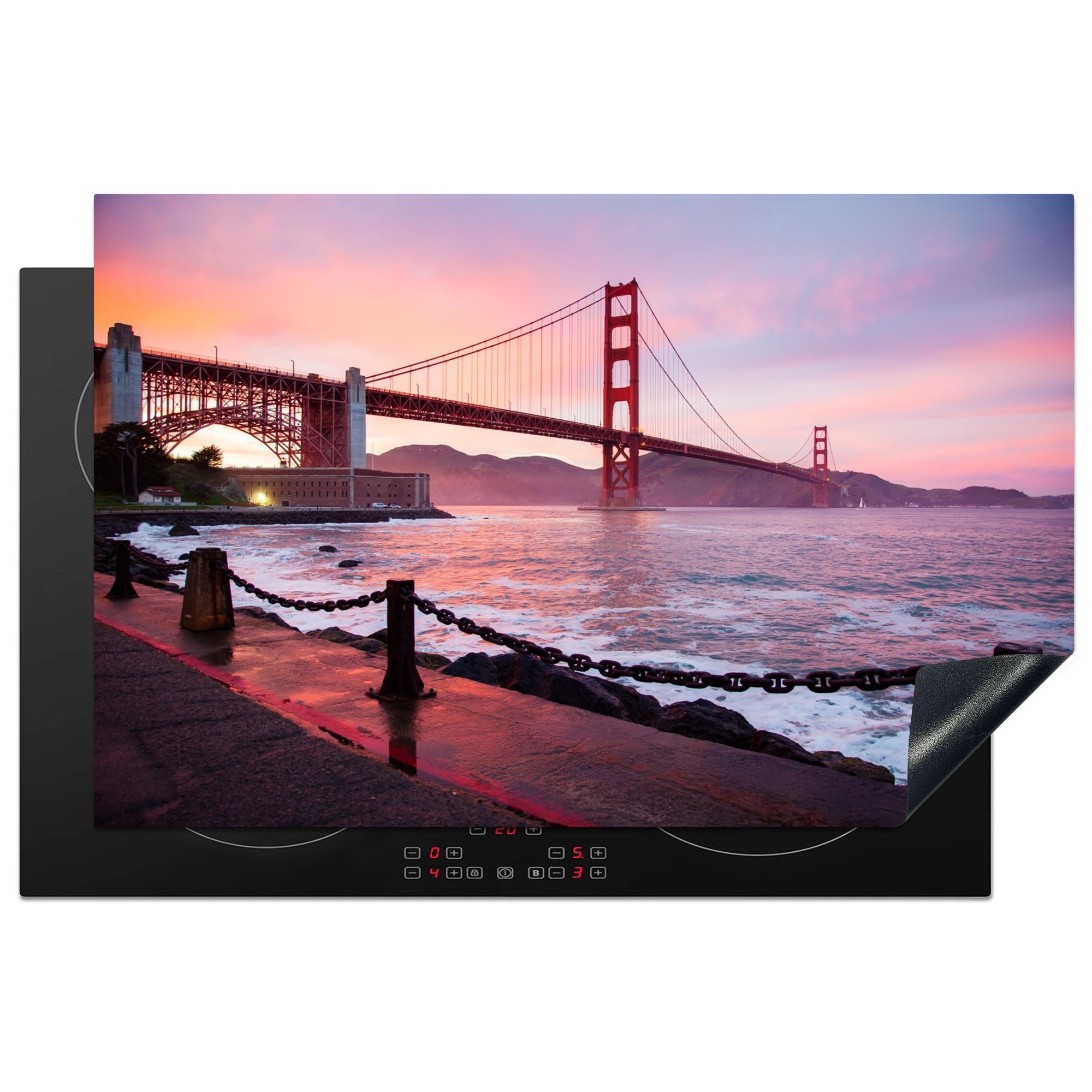 MuchoWow Herdblende-/Abdeckplatte San Francisco - Meer - Brücke, Vinyl, (1 tlg), 81x52 cm, Induktionskochfeld Schutz für die küche, Ceranfeldabdeckung