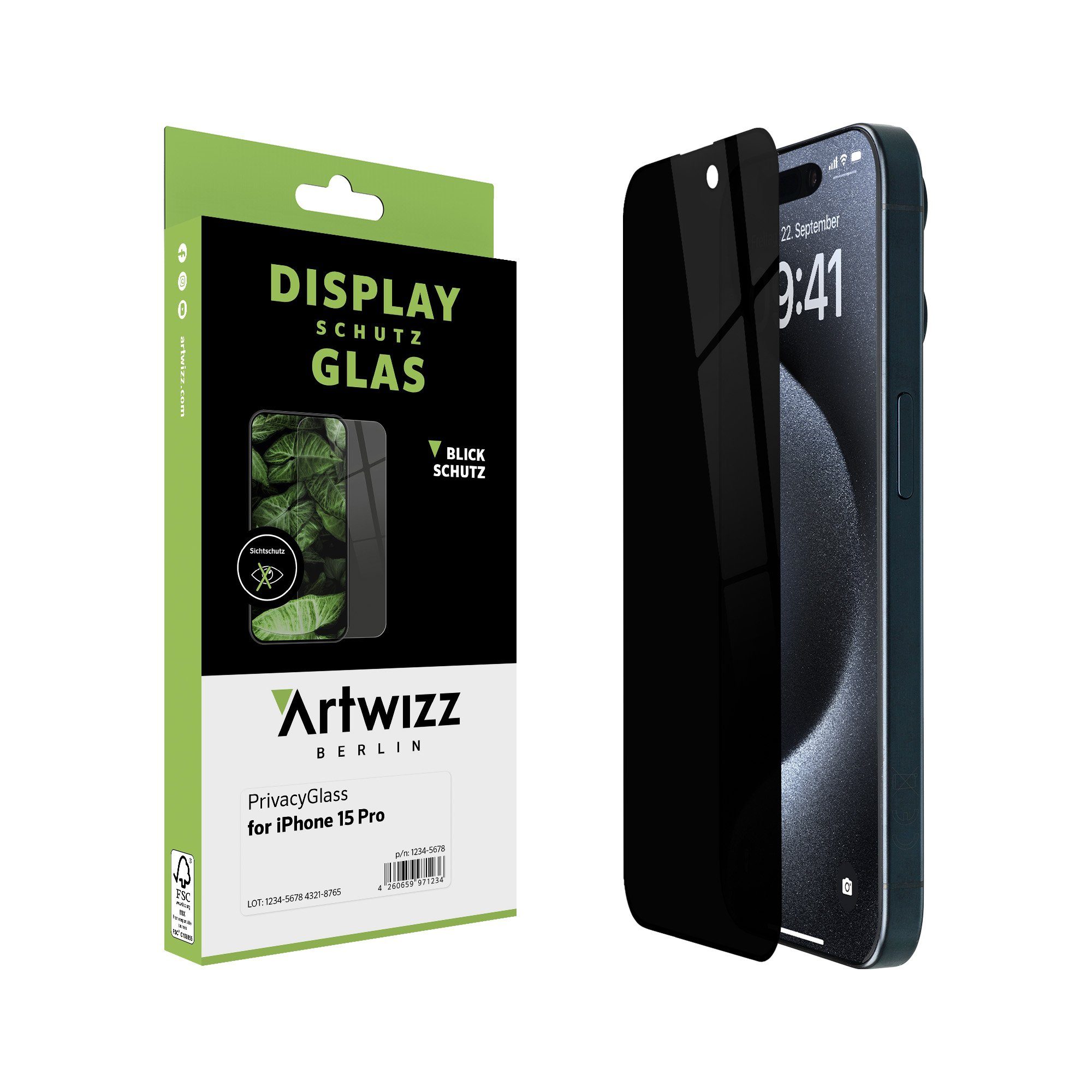 Artwizz Schutzfolie PrivacyGlass, Displayschutz mit Blickschutz aus 100% Sicherheitsglas, iPhone 15 Pro