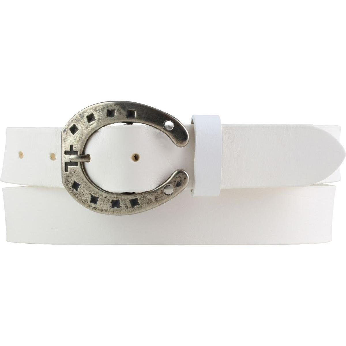 BELTINGER Ledergürtel Gürtel für Reiter mit Hufeisen-Gürtelschnalle aus Vollrindleder 3 cm - Weiß, Altsilber