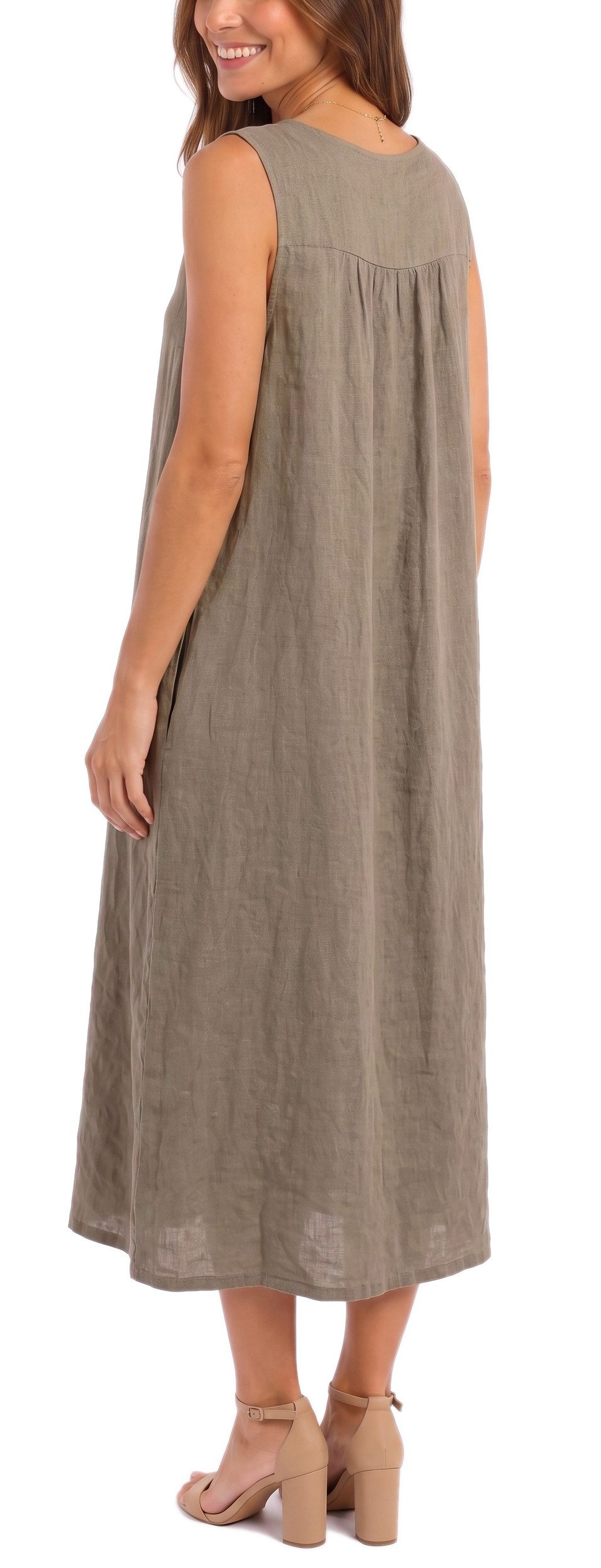 dy_mode Sommerkleid Damen Leinenkleid Luftiges Maxi Sommerkleid Strandkleid Damenkleid in Unifarbe, V-Ausschnitt, mit seitlichen Eingriffstaschen