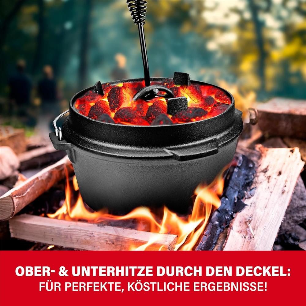 BBQ Boss Grilltopf Dutch Oven 5L Gusseisen Topf Schmortopf Feuertopf Gulaschkessel, Gleichmäßige Wärmeverteilung und lange Wärmespeicherung