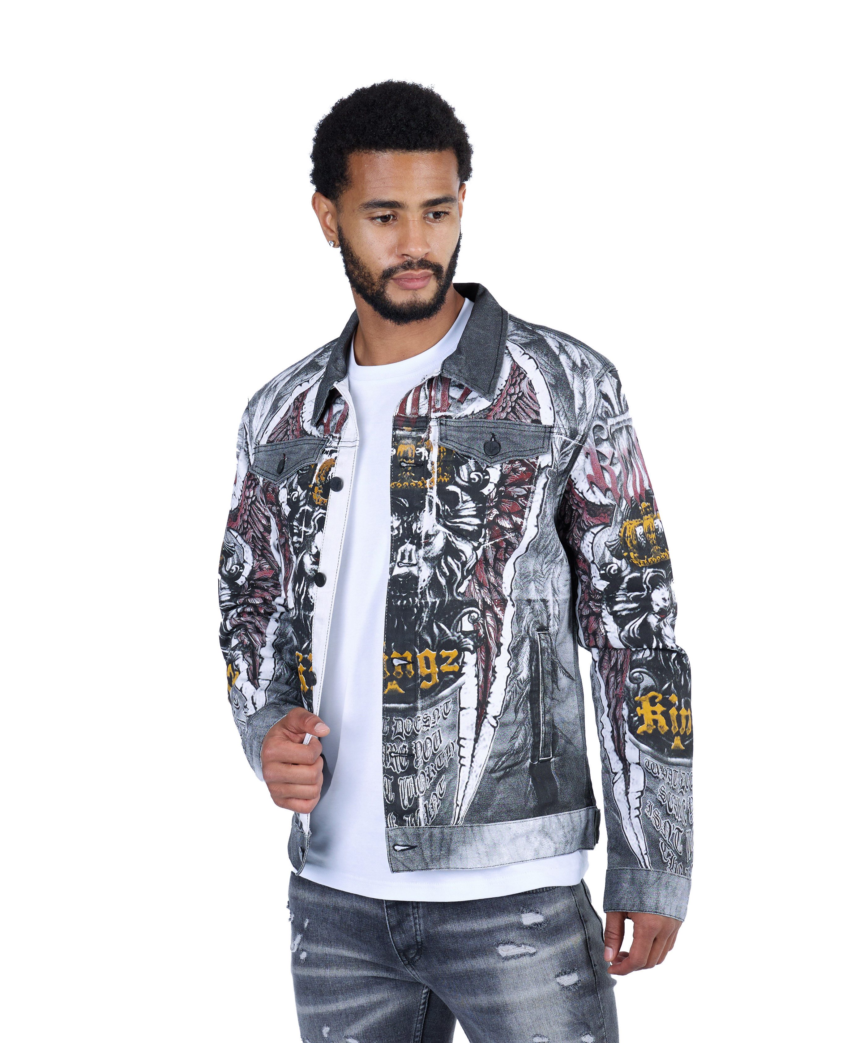KINGZ Jeansjacke Designer Jeansjacke mit All-Over Print Weiß S günstig online kaufen