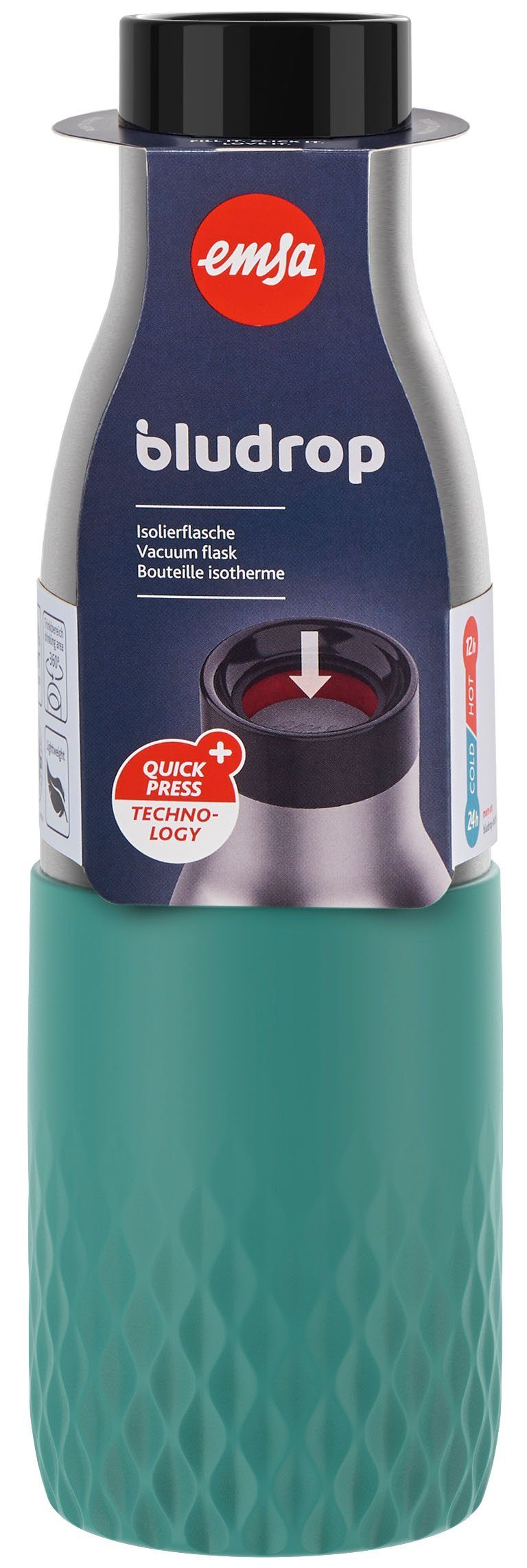 Emsa Trinkflasche Bludrop Sleeve, Edelstahl/Silikon, Quick-Press, 12h warm/24h kühl