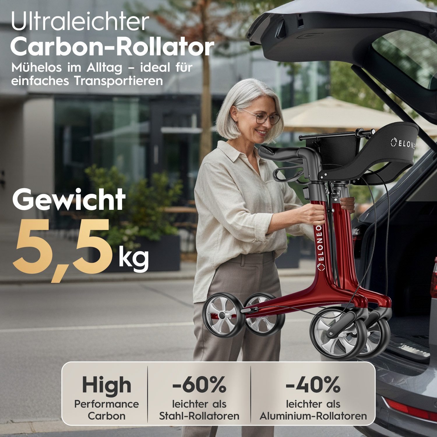 ELONEO Rollator aus Carbon, ultraleicht, faltbar, mit Sitz, Faltbarer Rollator mit Sitz, Rückenlehne, Einkaufstasche