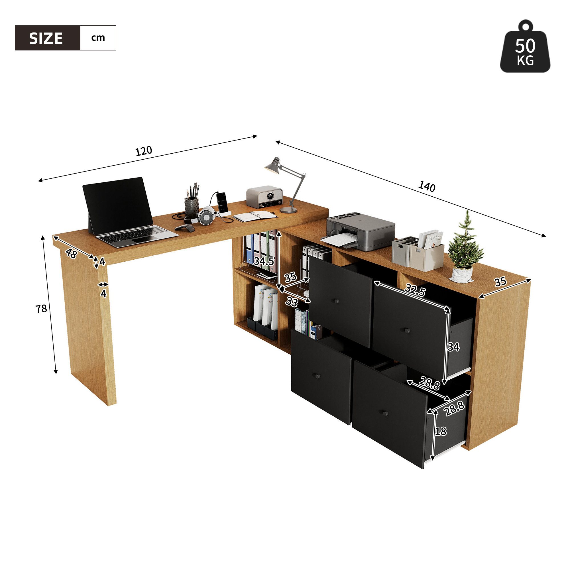 Celya Eckschreibtisch Ecktisch, Tischplatte 360°schwenkbar, L-förmig oder gerade aufstellbar (4 Schubladen - Schreibtisch, nach links gerichtet), Tischplatte und Beine 4 cm verstärkt, mit 4 Fächern,Schwarz