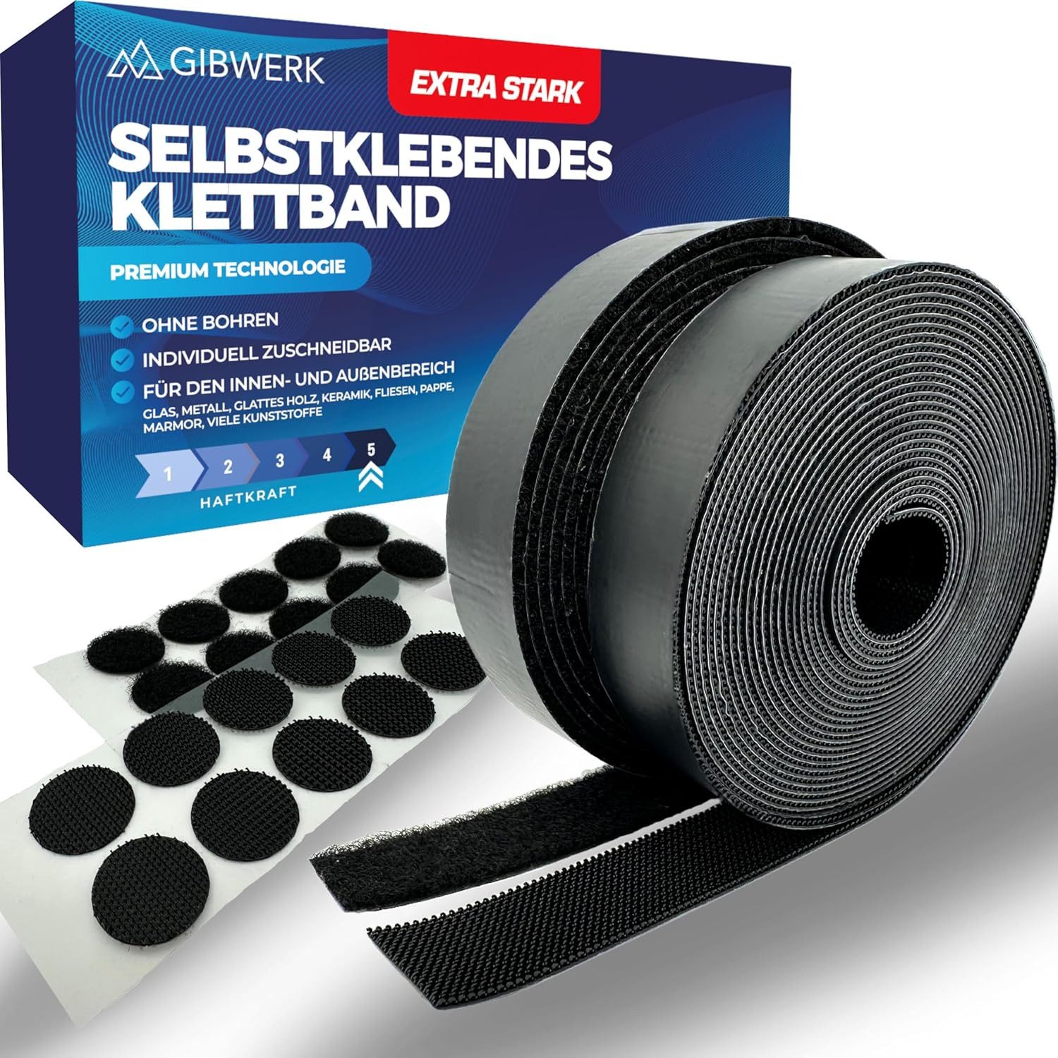 GIBWERK Klettband selbstklebend 500 cm und 10 Klettpunkte 2 cm Outdoor Indoor, Gardinen, Rahmen, Bilder, Kabel, Matten, Teppiche, Läufer, selbstklebend, schnell angebracht ohne zu bohren