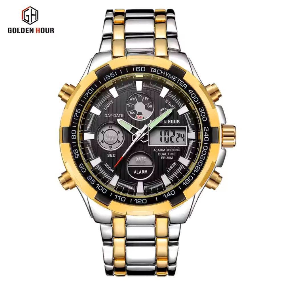 Quarzuhr GOLDEN HOUR GH 108 XL Edelstahl Analoge+Digitaluhr für Männer GH108