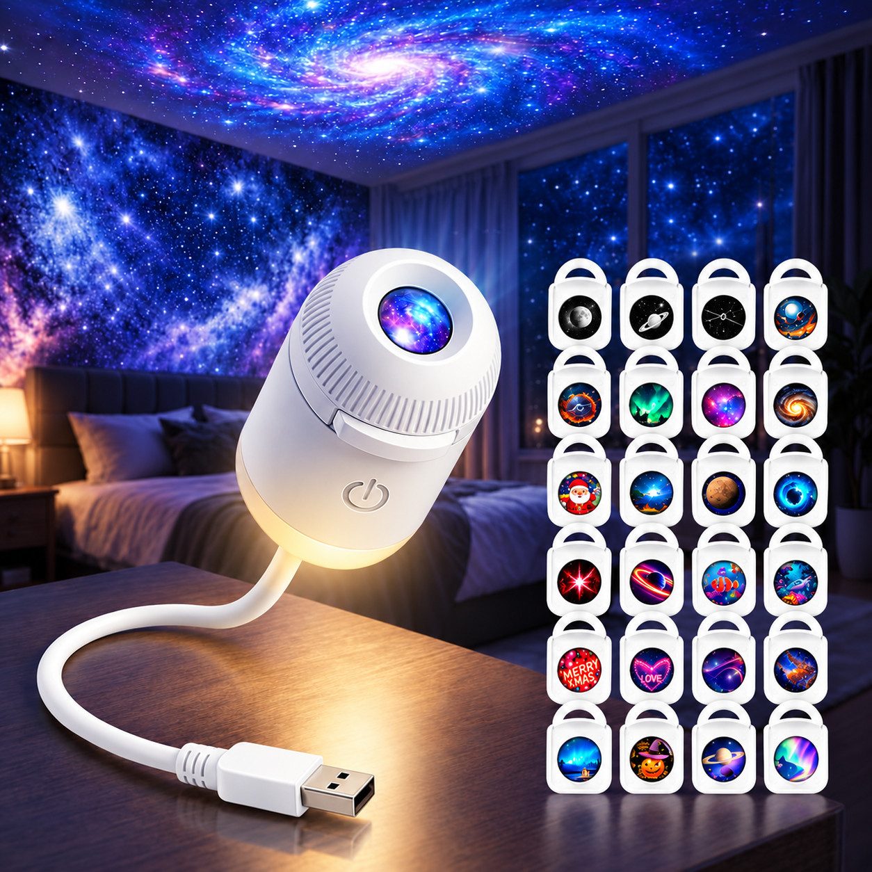 ibettertec LED-Sternenhimmel Galaxy Projektor LED Nachtlampe mit 24 Sternenhimmel-Motiven, USB-Nachtlicht für Schlafzimmer, Kinderzimmer …