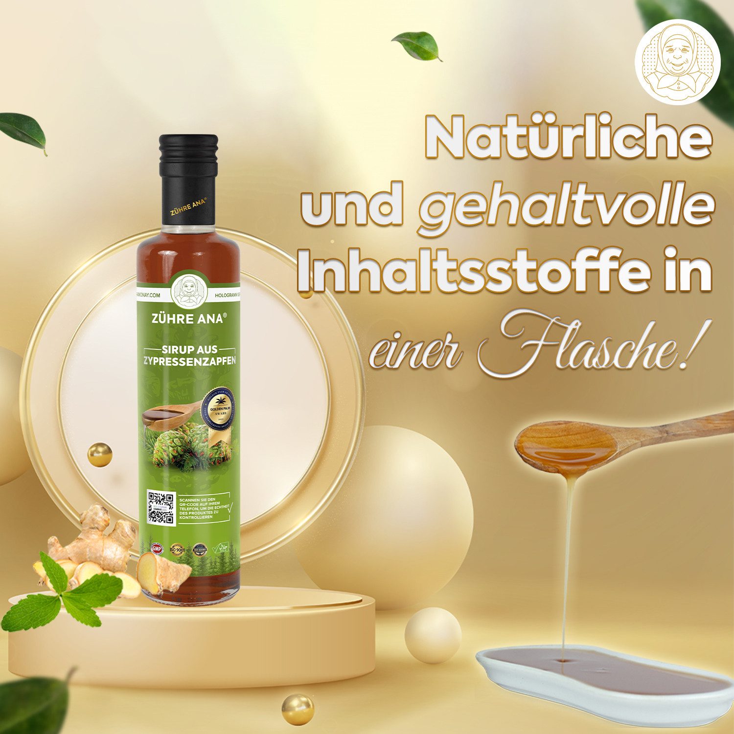 Zühre Ana® Zypressenzapfen Sirup–Mit Zimt, Kurkuma, Nelken, Ingwer, 650 ml Sirup, 650 ml, Zypressenzapfen-Sirup – Zuckerfrei, Vegan