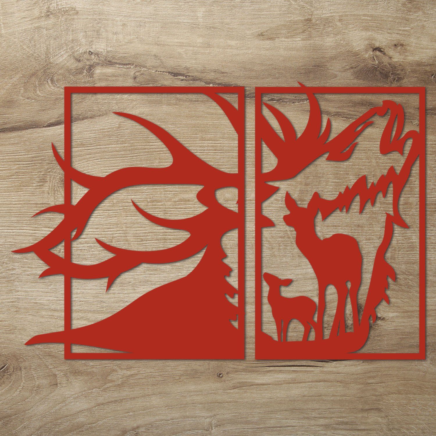 Namofactur Wanddekoobjekt Rot mit Deko St., Holz Farben in Holz Reh Hirsch aus Hirschkopf (2 mit Reh 2-teilig), im Rahmen, XXL Wandtattoo erhältlich verschieden
