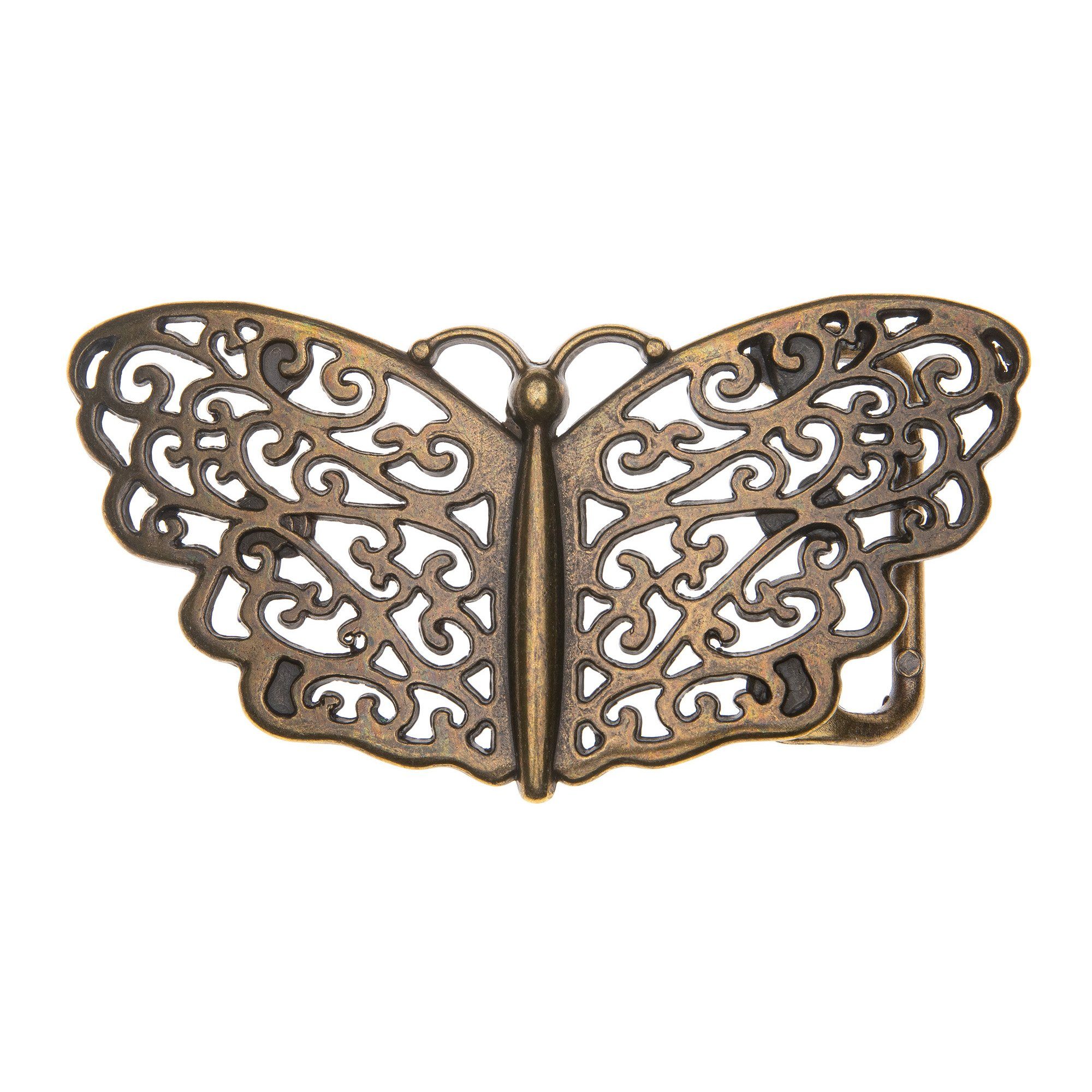 Cassandra Accessoires Gürtelschnalle Wechselschnalle Gürtelschließe Buckle "Butterfly" in Schmetterlingsform altmessing