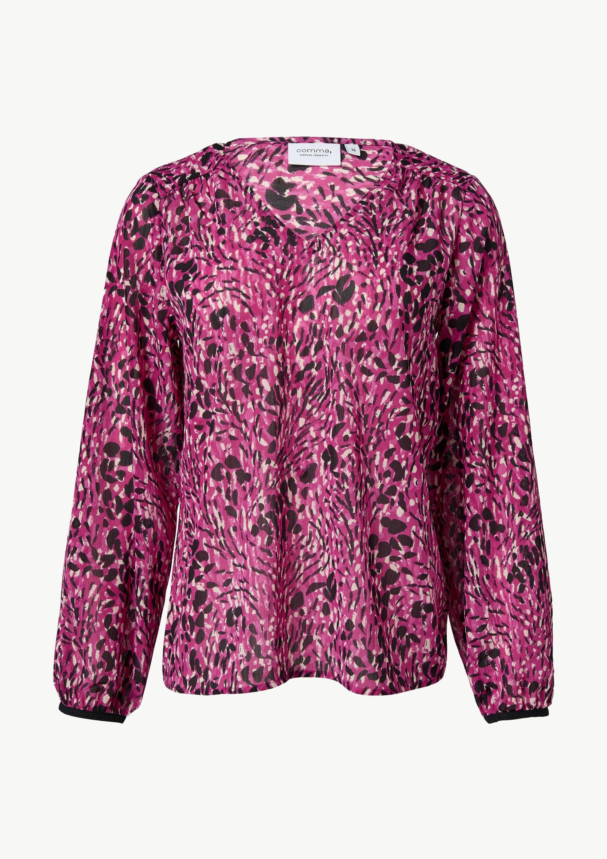 comma Langarmbluse Bluse Gemusterte Chiffon-Bluse mit V-Ausschnitt