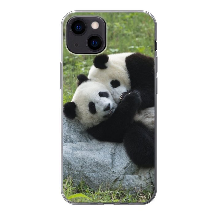 MuchoWow Handyhülle Pandas - Gras - Stein Handyhülle Apple iPhone 13 Mini Smartphone-Bumper Print Handy