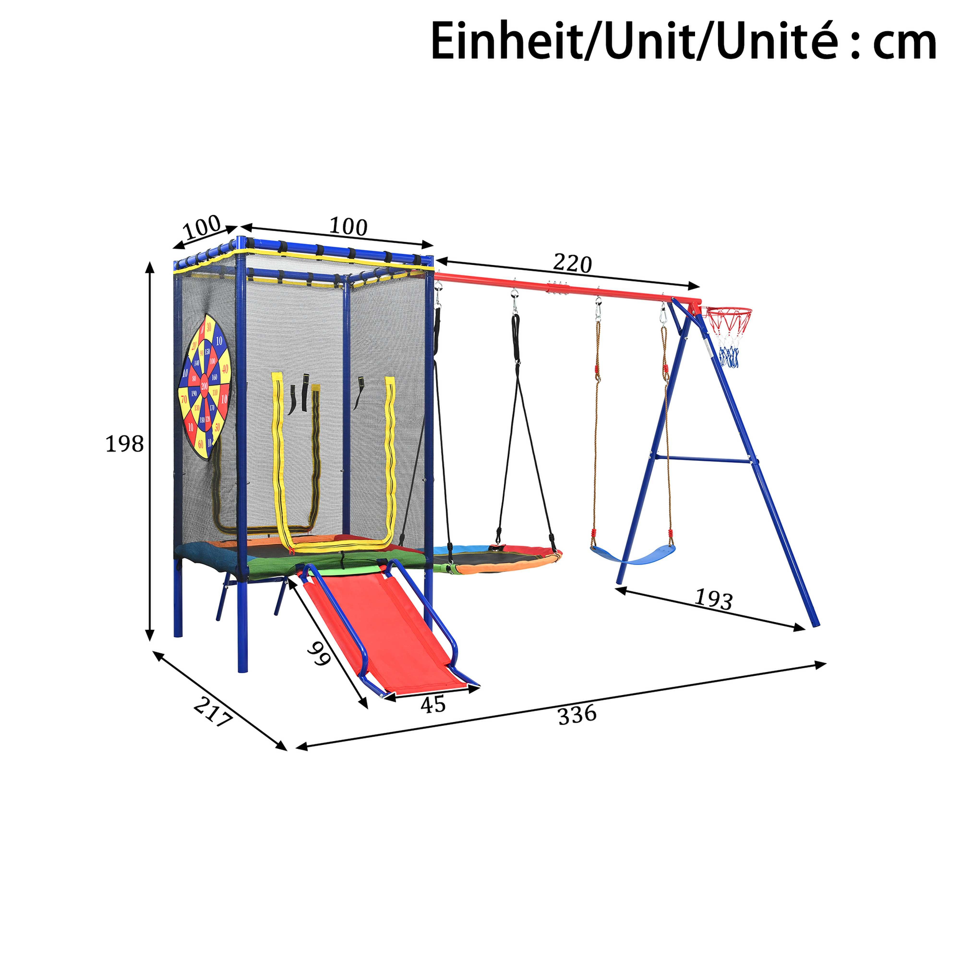 BlingBin Schaukelkombination 5in1 Outdoor Spielplatz Kinder, (1-tlg., Kinder Garten Spielgerät mit Sicherheitsnetz für 3–8 Jahre), Trampolin, Rutsche, Doppelschaukel & Basketballkorb, inkl. Bodenanker
