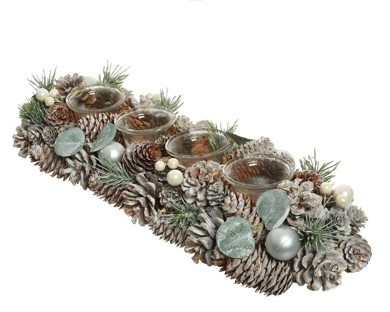 Decoris season decorations Teelichthalter, Adventsgesteck Teelichter weiß aus grün mit / Zapfen länglich