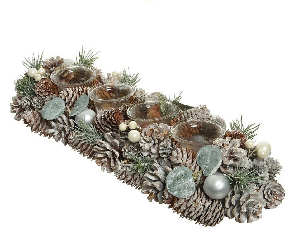 Decoris season decorations Teelichthalter, Adventsgesteck aus Zapfen  länglich, mit Teelichter weiß / grün