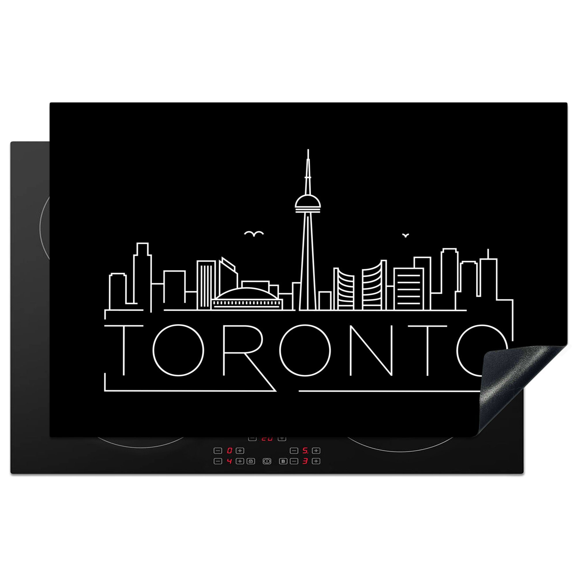 MuchoWow Herdblende-/Abdeckplatte Stadtbild "Toronto" auf schwarzem Hintergrund, Vinyl, (1 tlg), 81x52 cm, Induktionskochfeld Schutz für die küche, Ceranfeldabdeckung
