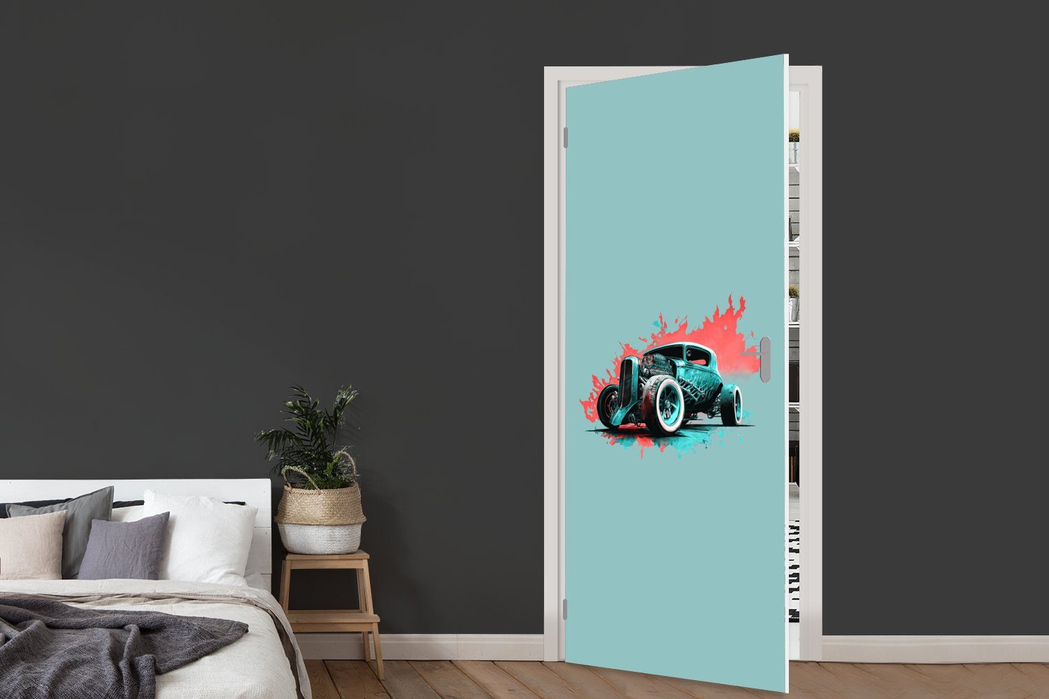 MuchoWow Türtapete Auto - für 75x205 - bedruckt, Oldtimer Farbe Tür, Fototapete Türaufkleber, - Matt, cm St), (1 Grün