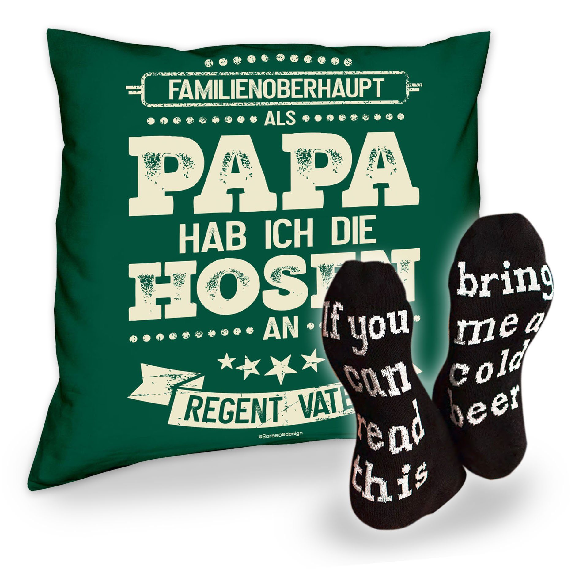 Soreso® Dekokissen Kissen Als Papa hab ich die Hosen an und Socken mit Bier Spruch, Geschenk Geburstag Vatertag Weihnachten dunkelgrün