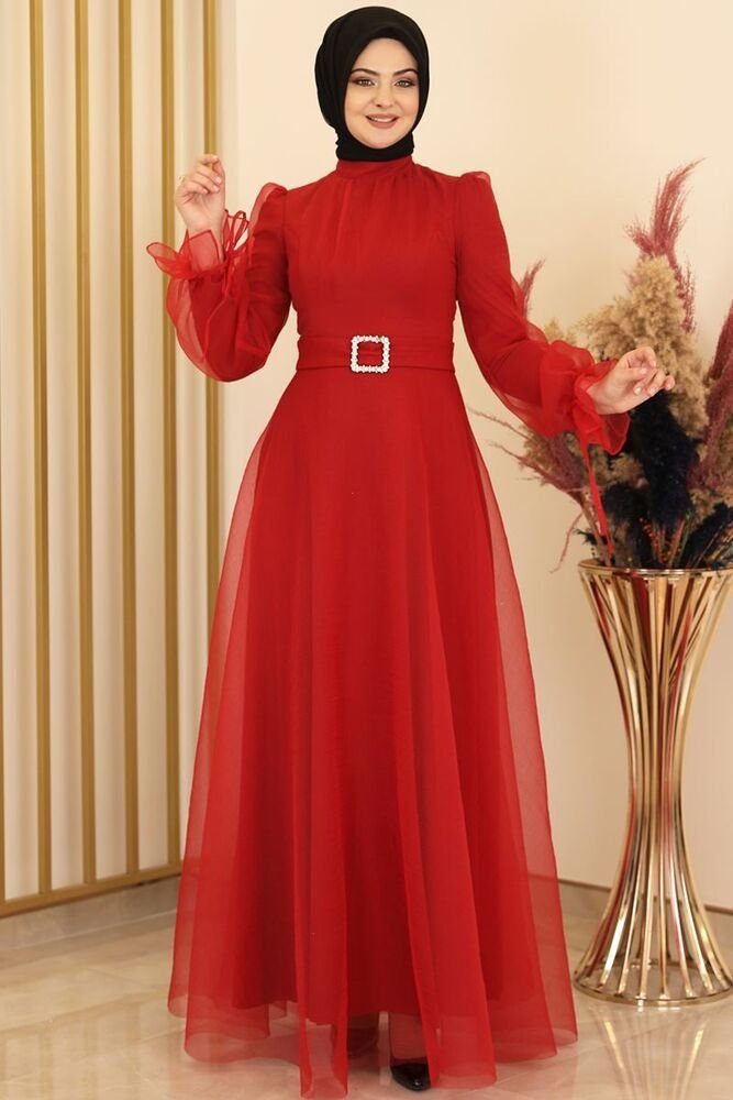 Modavitrini Abendkleid Damen Kleid langärmliges Maxikleid Abiye Abaya Hijab Mode mit Gürtel Rot