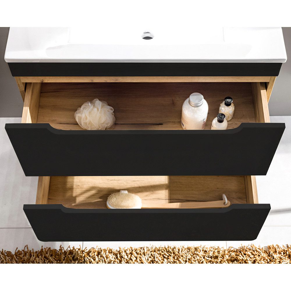 Lomadox Badmöbel-Set NEW-LUTON, (Spar-Set, 5-St), Wotan Eiche Nb. mit 80 cm Keramik-Waschtisch 180/200/46 cm