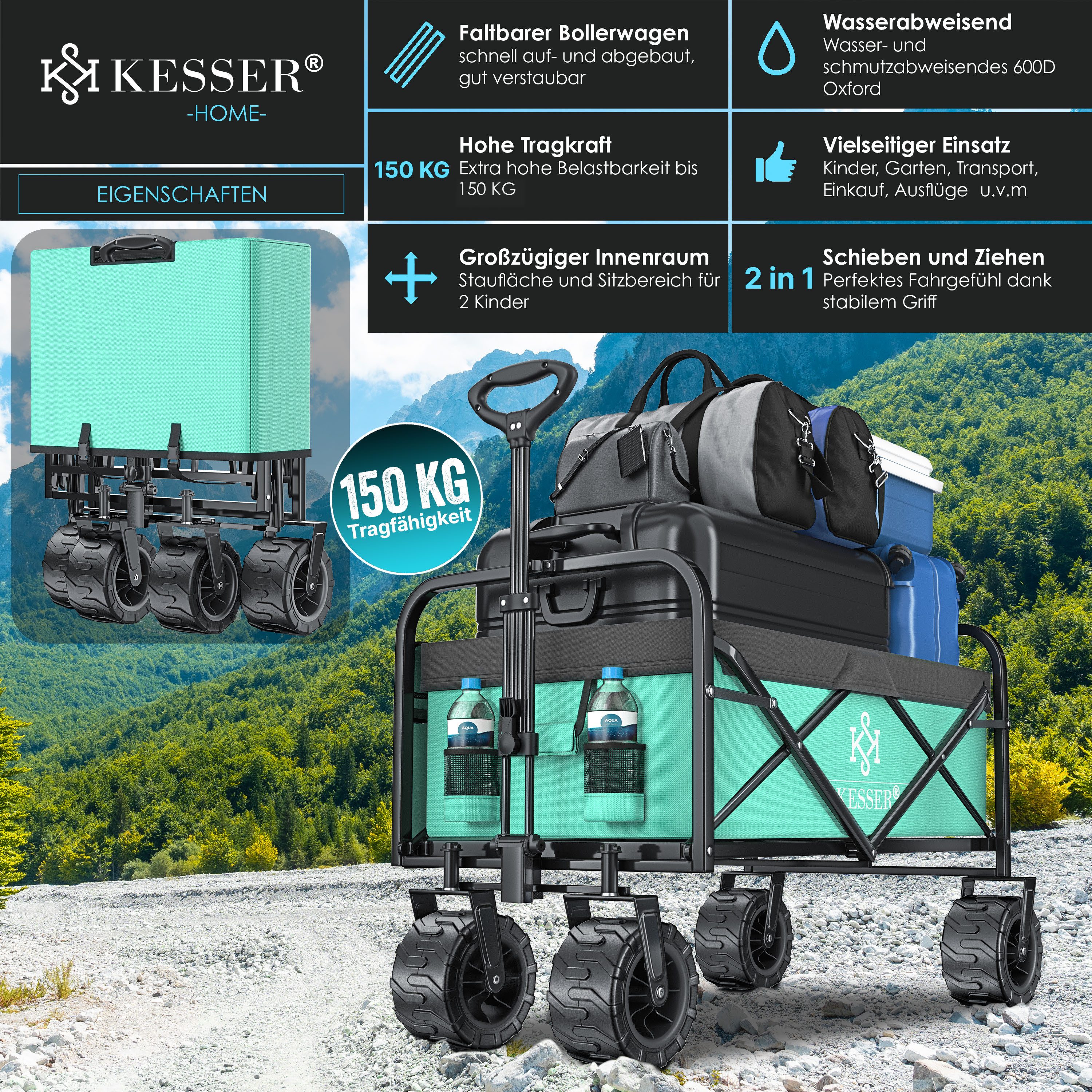 KESSER Bollerwagen, Bollerwagen faltbar Breite Reifen Handwagen Transportkarre