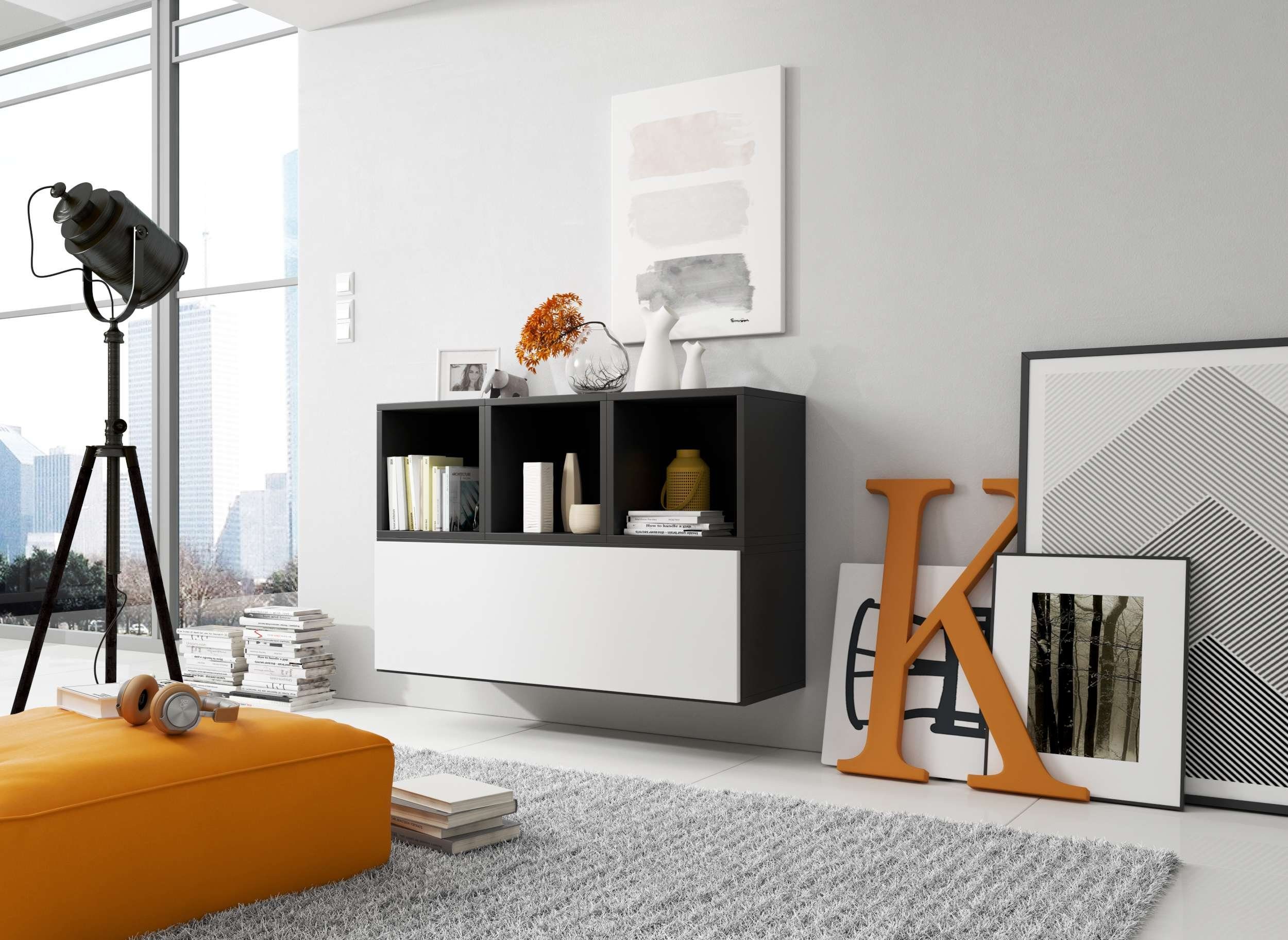 Stylefy Wohnwand Cono XII, (Set (4-St), Wohnmöbel, Wohnzimmer-Set), bestehend aus 3xWandregal und 1xHängeschrank, mit Push-to-Open, Modern Design Schwarz Matt - Weiß Matt | Wohnwände