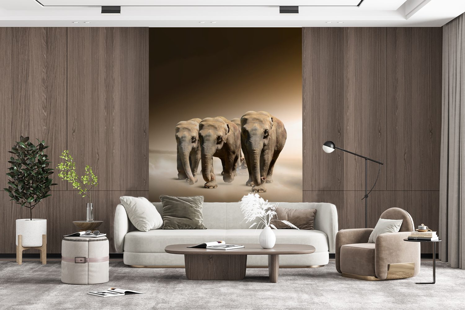 MuchoWow Fototapete Elefanten Wohnzimmer, Wandtapete Tapete Montagefertig - - (3 bedruckt, Nebel, St), für Tiere Vinyl Matt