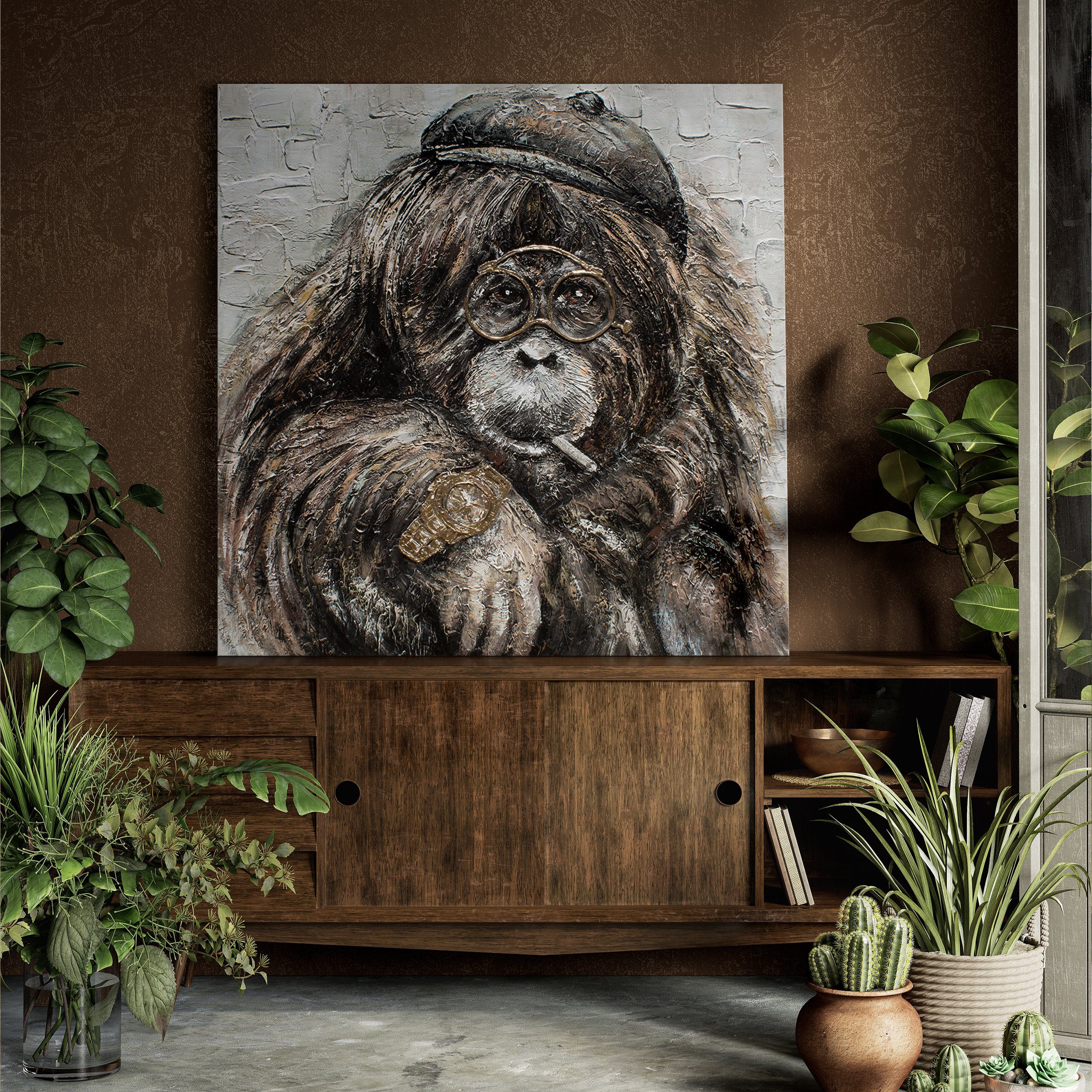 YS-Art Gemälde Handgemalt Tiere, Leinwand Image, Bild Uhr Braun Gold auf Affe mit