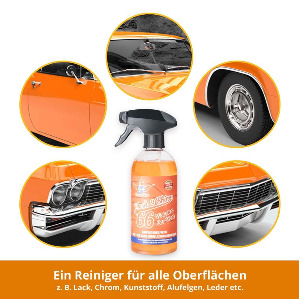 Shinykings Wash & Shine CAR - Schnellreiniger - 2 x 0,5 Liter + 2 x Spezialtuch Autoshampoo