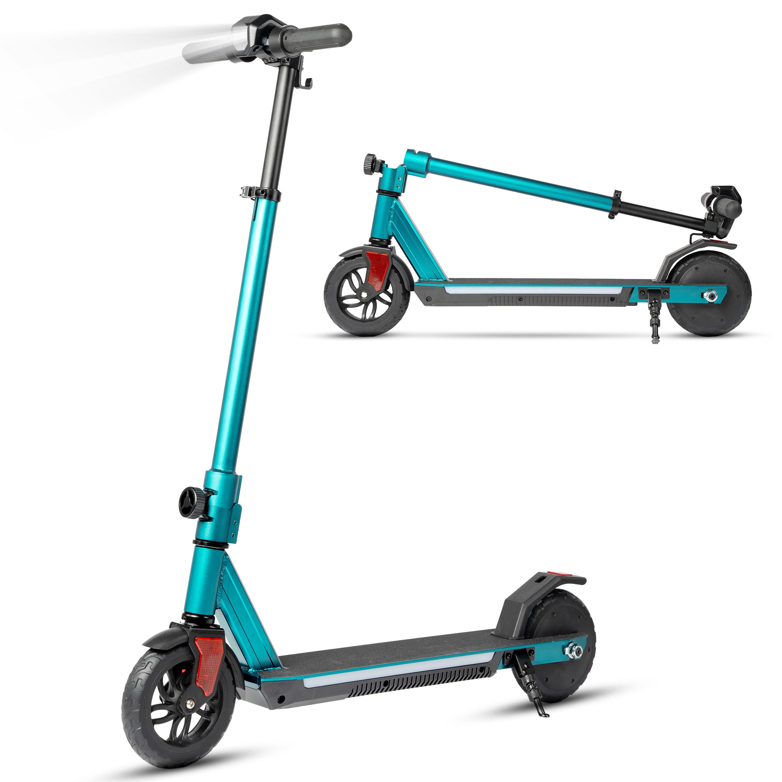 Vankel Elektro-Kinderroller Kinder E-Scooter, klappbar mit LEDs, 12-18km, Höhenverstellbar, Ab 6 Jahren, EBS & Fußbremse, mit Haken und hellem Frontlicht